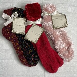 New with Tags Laura Ashley 3 Pair Women's Warm Soft Fuzzy Slipper Socks One Size